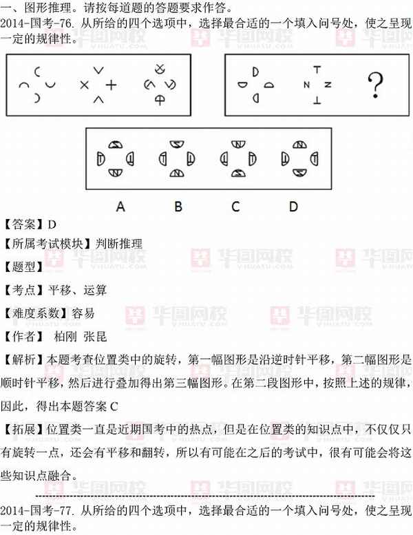 2014年國家公務員考試真題答案：判斷推理